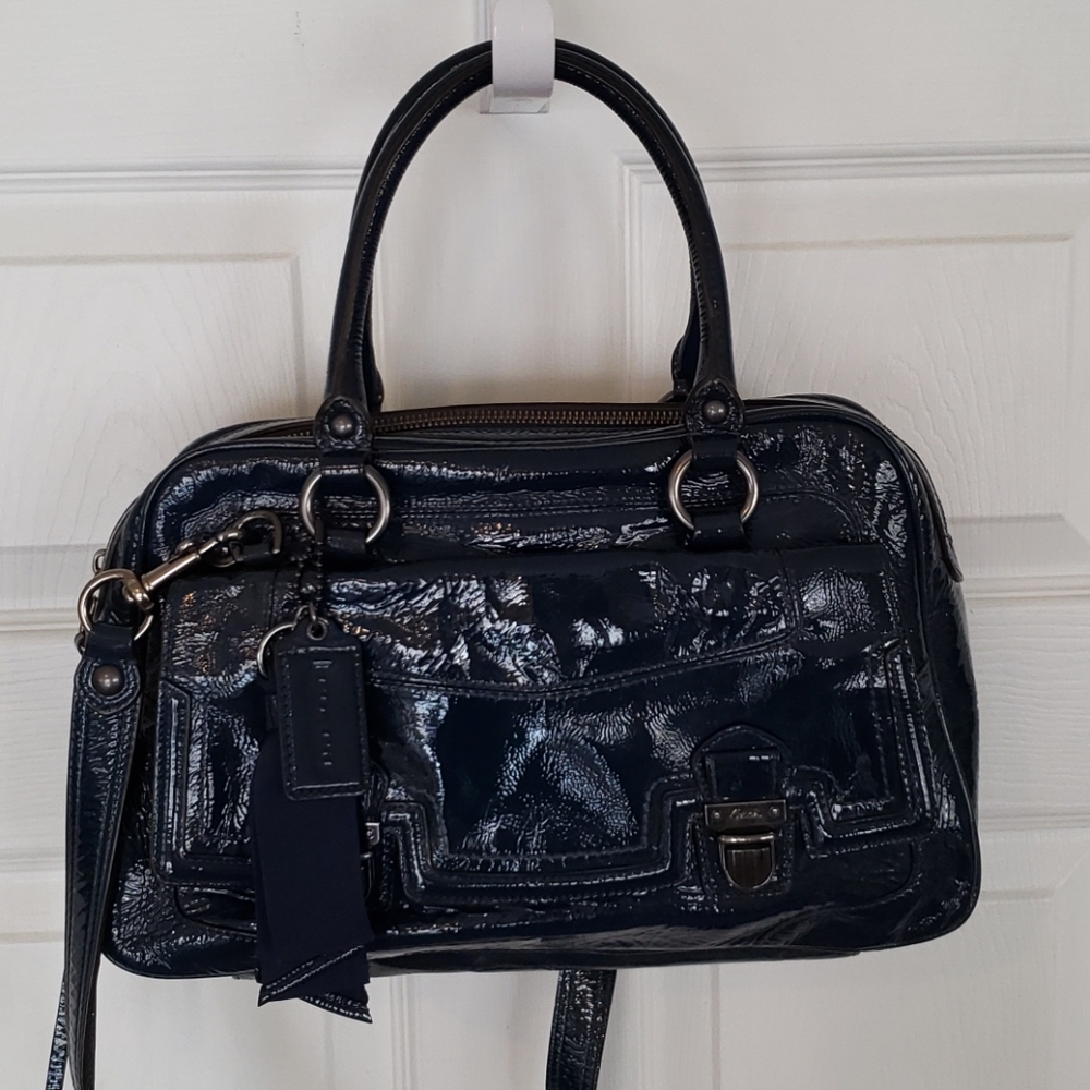 Coach Poppy Blue Push Lock Patent Leather Satchel